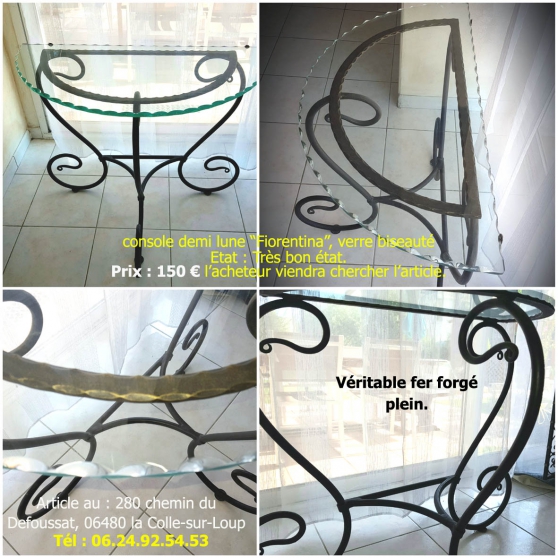 Console fer forgé plein ,verre biseauté